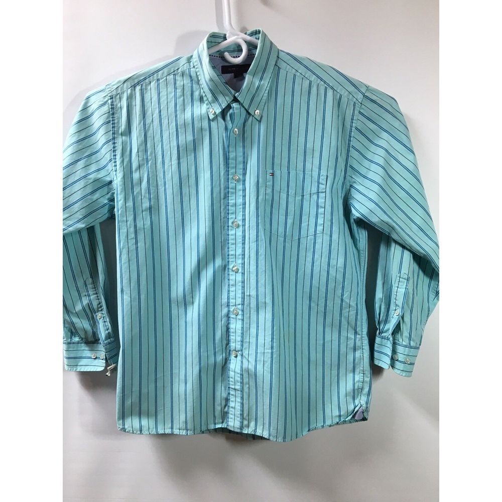 Tommy Hilfiger mens light blue Aqua striped Long Sleeve button down shirt Size L